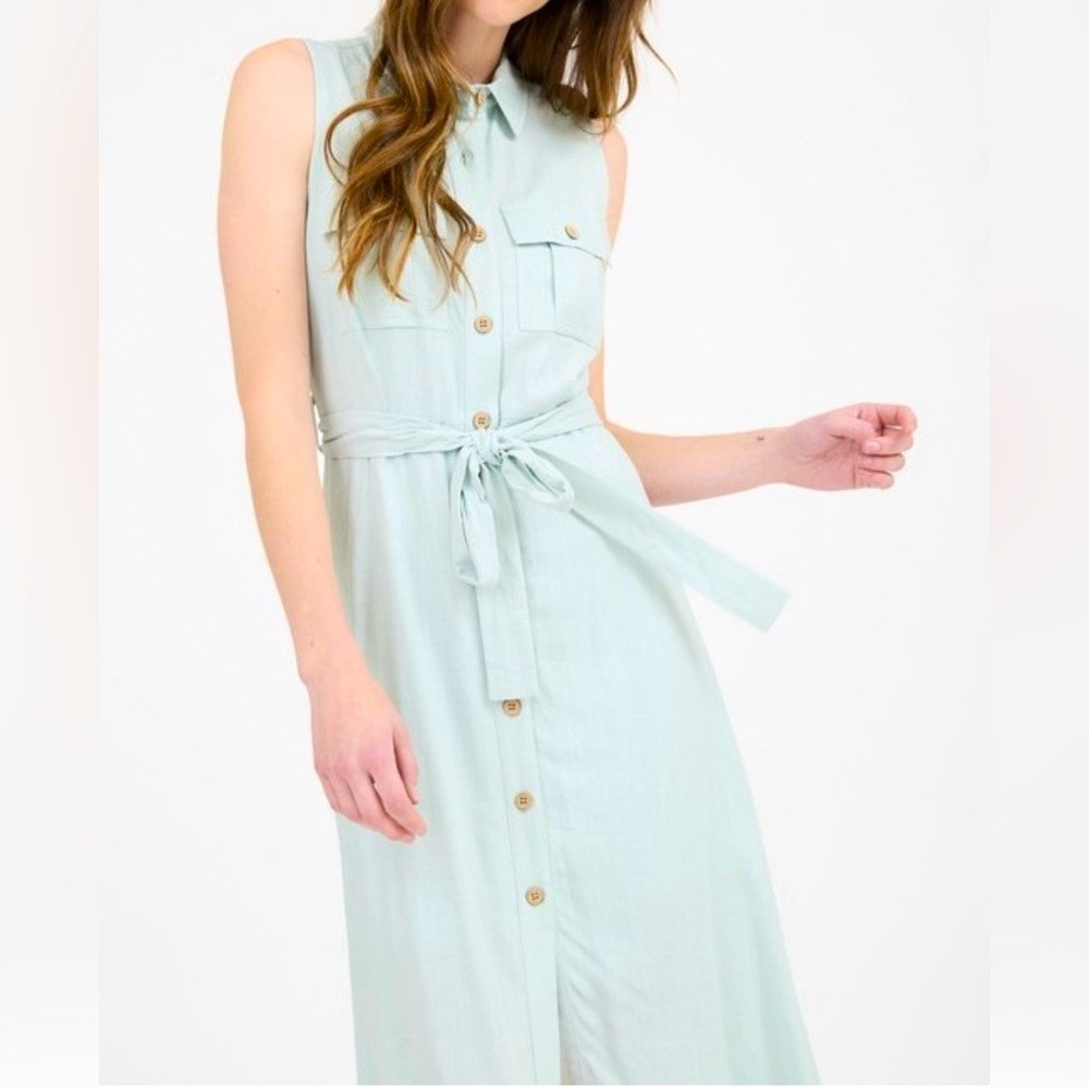 Sleeveless Sage Green Lined Button-Down Dress
